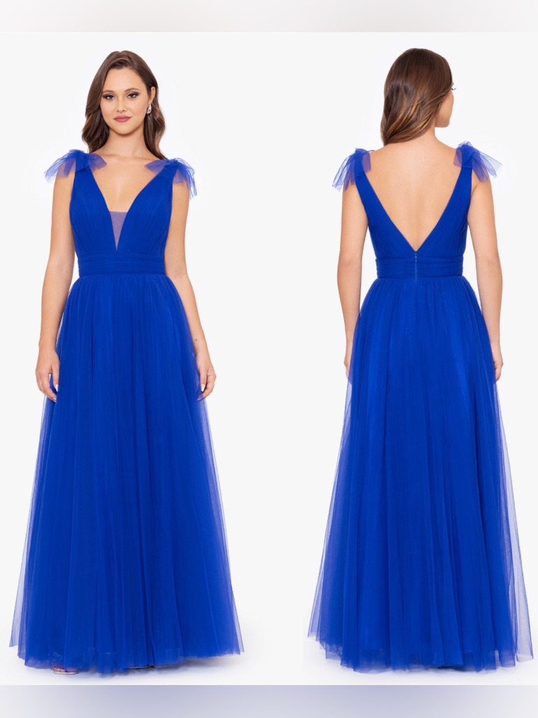 Betsy & Adam Blue Tulle Bow Evening Gown Maxi Dress Prom Illusion Sleeveless 12